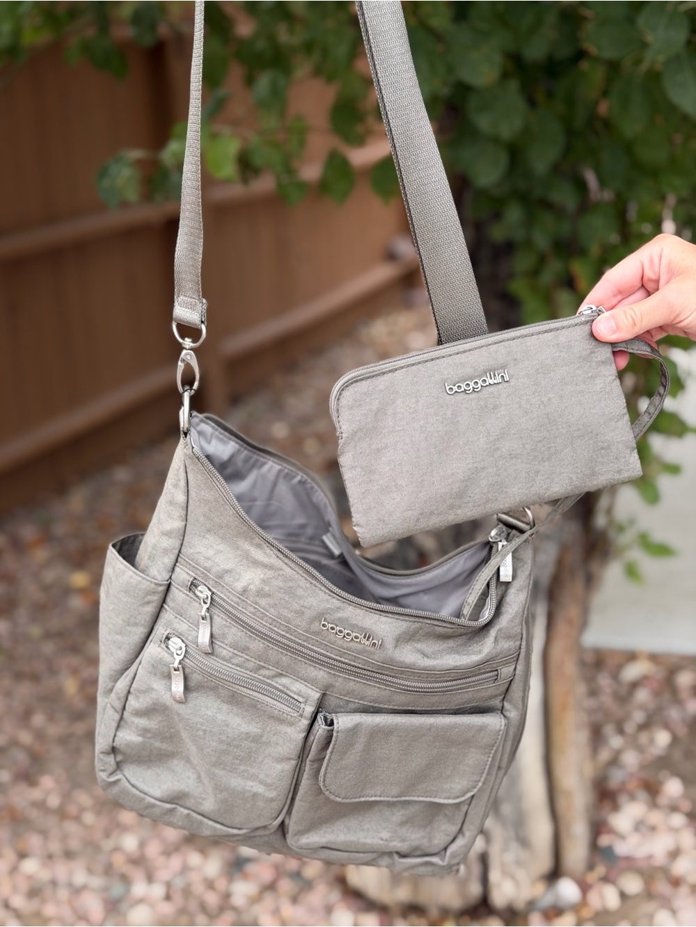 Baggallini Light Gray Crossbody with Detachable Wristlet